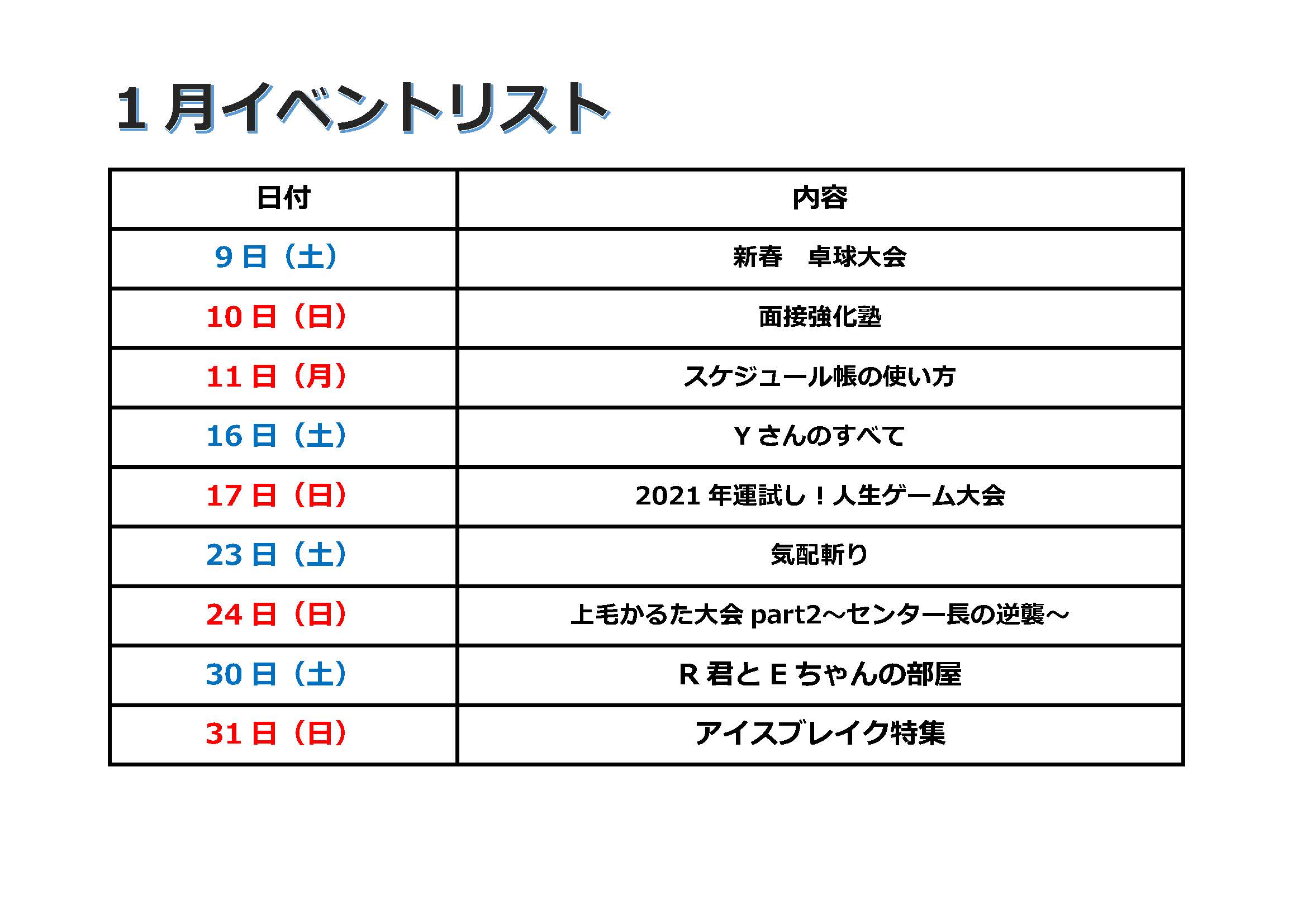 1月のイベントリスト
